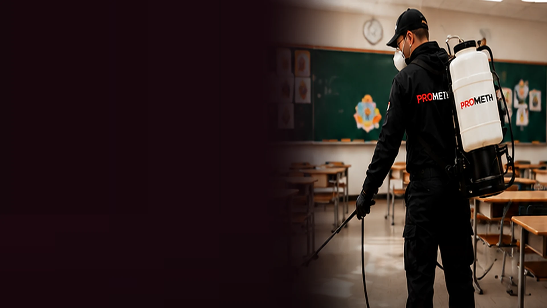 Derslikte kontrollü okul ilaçlama uygulaması yapan profesyonel saha teknisyeni